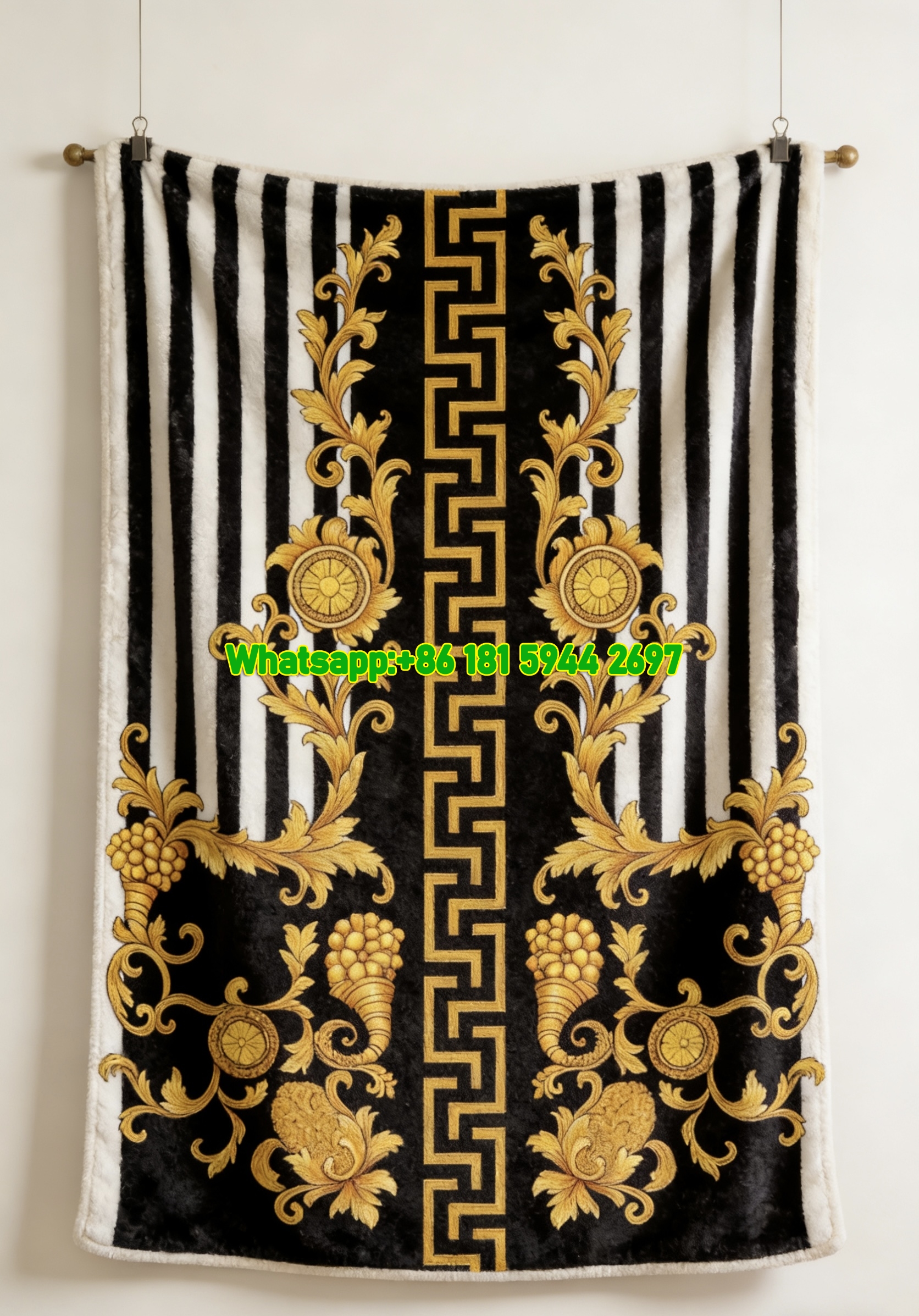 Versace Black White and Gold Striped Greek Key Baroque Flannel Throw Blanket IMG_1467